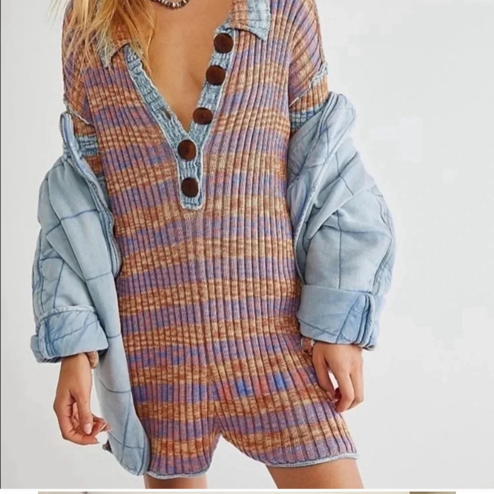 New Free People Wendy Ribbed Sweater Romper Knit Stripes Long Sleeve